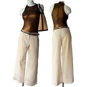 Bloomingdales pleated wide leg pinstripe cream linen pants trousers - size 6